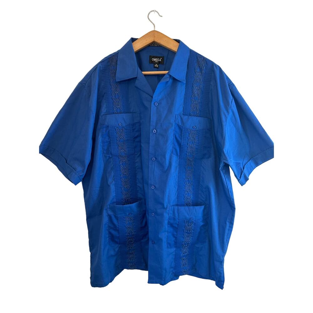 Omega Italy Cuban Guayabara Button Up Size 2X 18-18.5 Blue Embroidered 4 Pocket